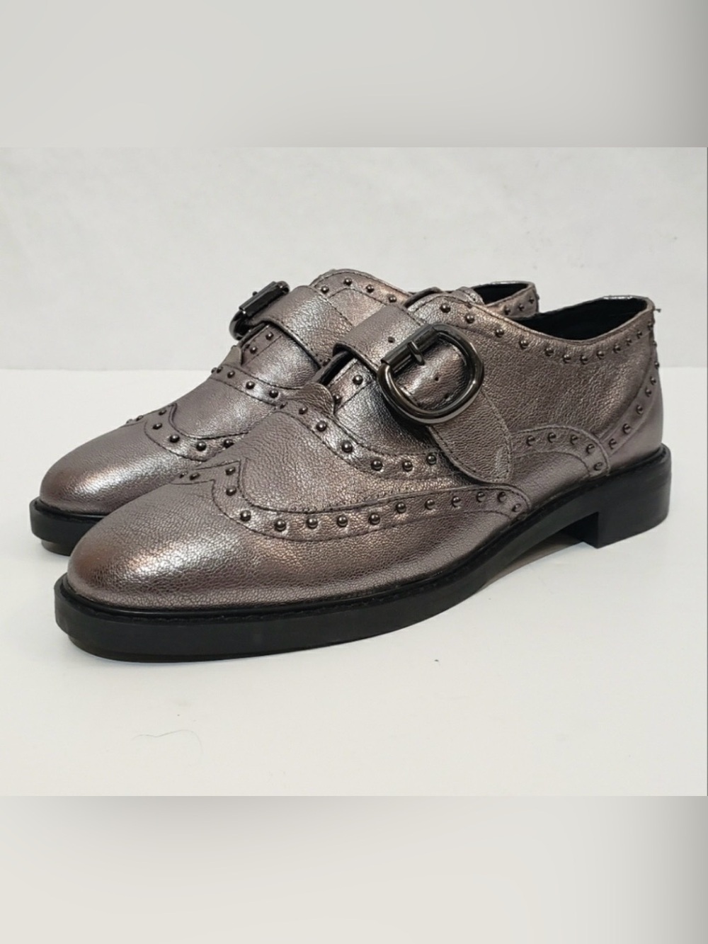 Marc Fisher Metallic Silver Wingtip Monk Strap Oxfords